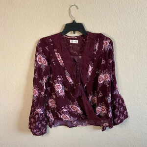Altar'd State Womens Small State Maroon Floral‎ Bell Sleeve Lace Sheer Top